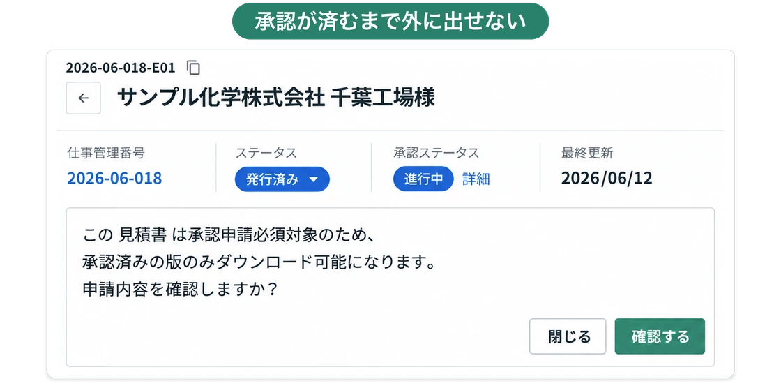 承認ステータスが進行中の見積書で、「この 見積書 は承認申請必須対象のため、承認済みの版のみダウンロード可能になります。」と表示されて操作が止まる画面