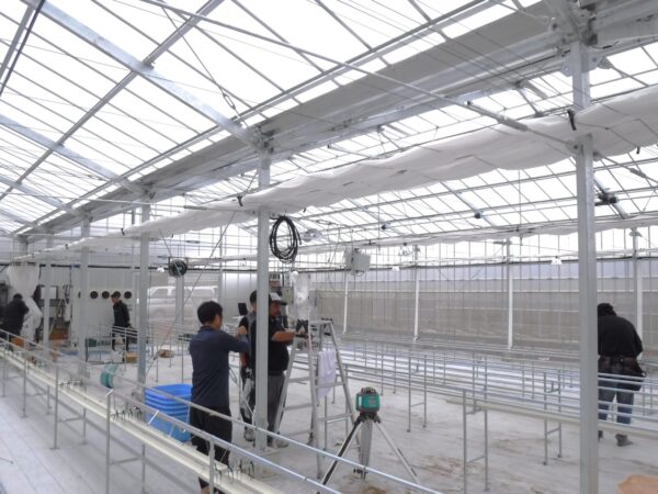 ビニールハウスの中で設備を設置する日栄インテック株式会社の作業の様子