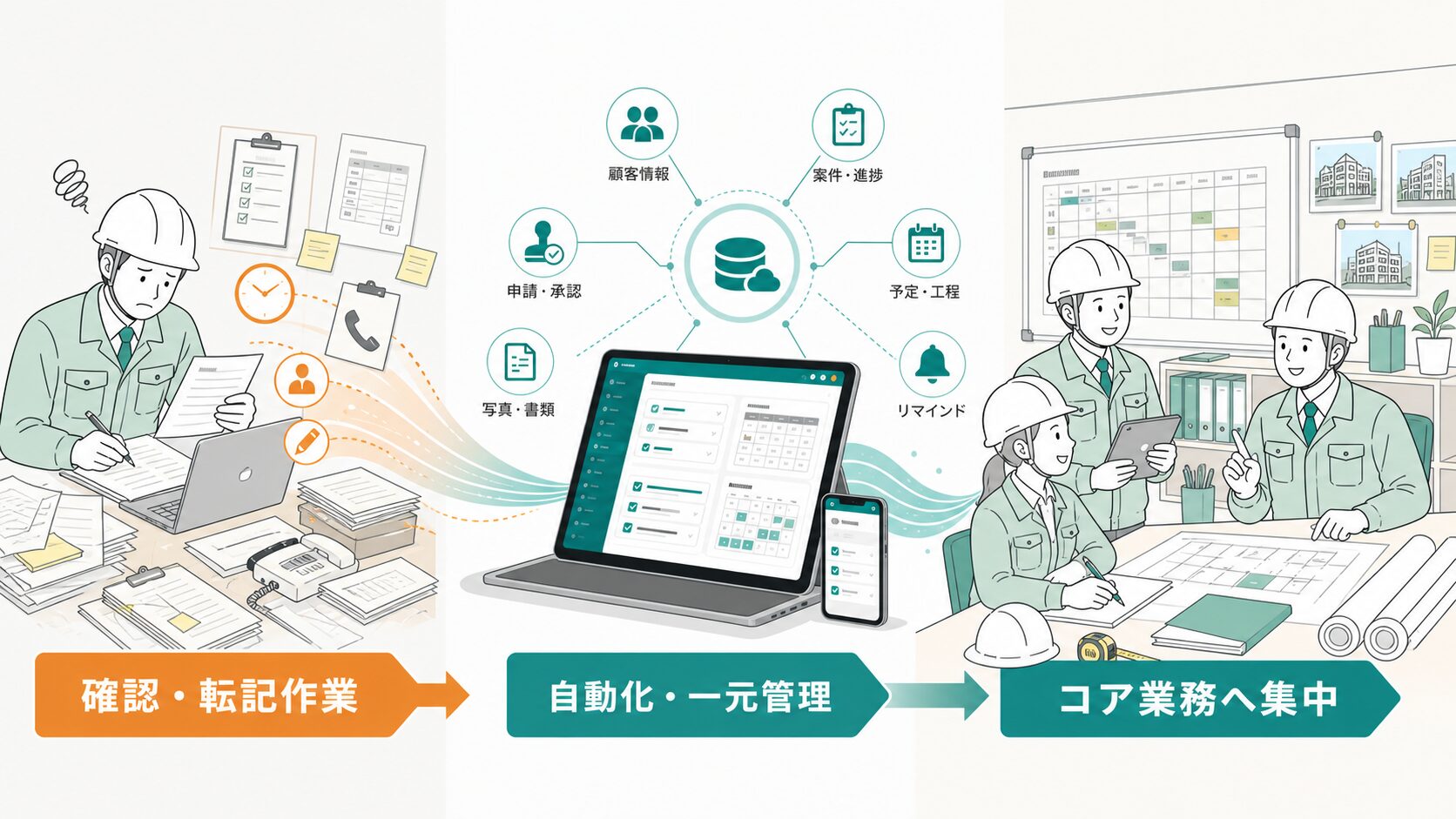 プロワン導入前後の業務変化と導入効果イメージ
