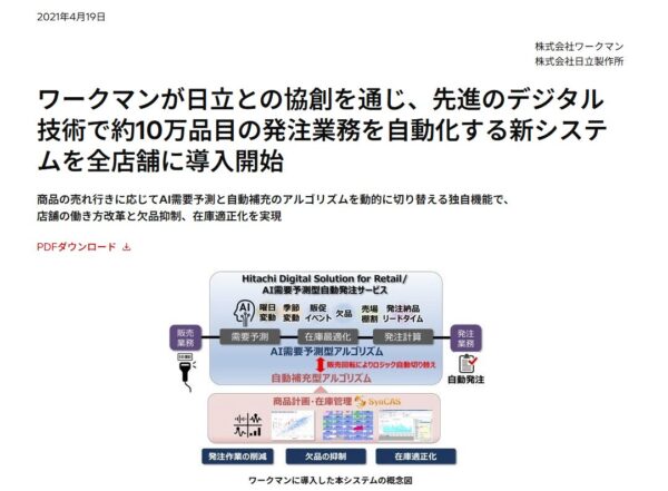 日立製作所のプレスリリース『ワークマンが約10万品目の発注業務を自動化する新システムを導入開始』の画面