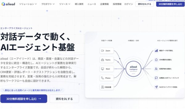 aileadの公式サイトの画面